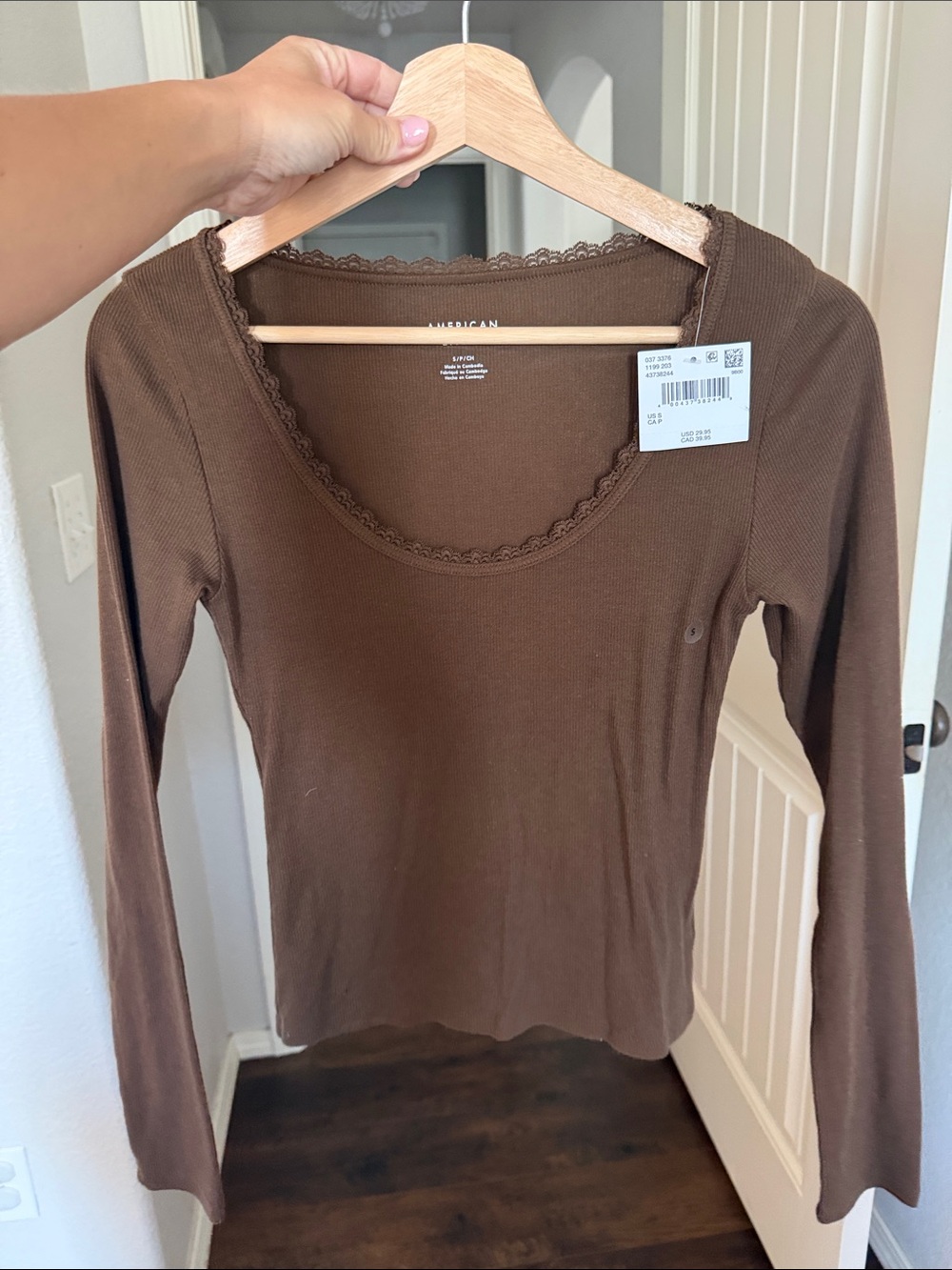 American Eagle Outfitters Chocolate Brown Lace-Edge Ribbed Long Sleeve Top